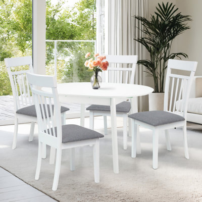 Dining Table Set for 4, Classic Style Solid Wood Warm Chairs w Extendable Round Table, Kitchen Room Set, White Color w Gray Fabric by Winston Porter