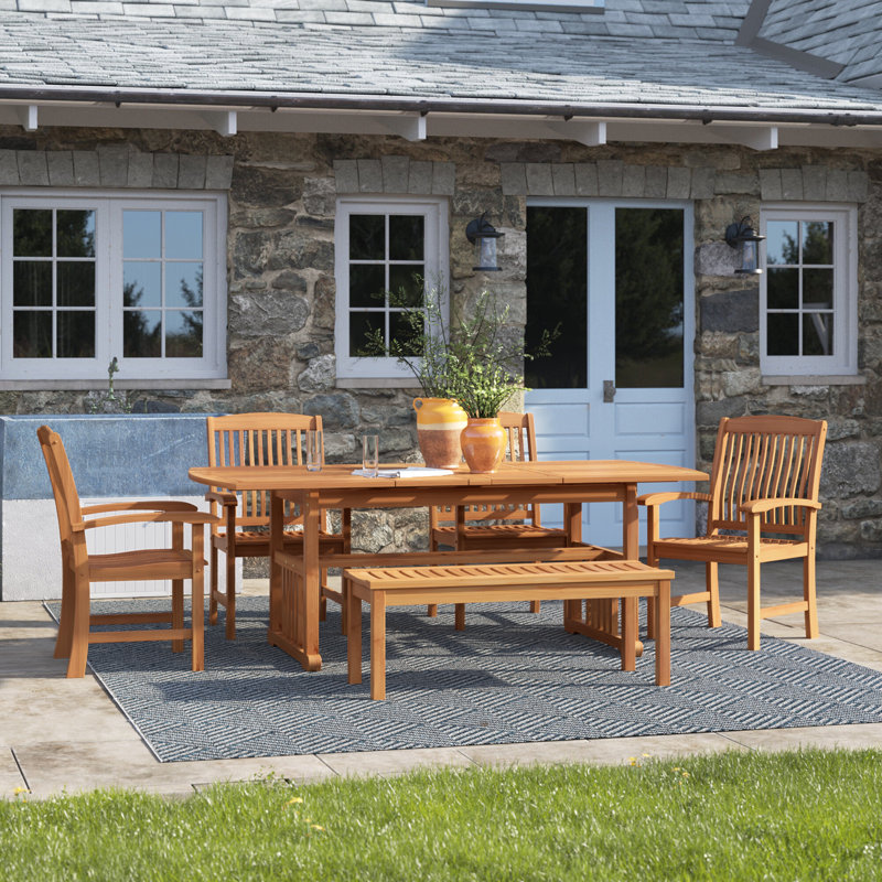6 - Person Teak Wood Patio Dining Set with Extendable Rectangular Table