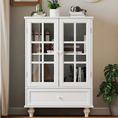 Buffet Cabinet Wooden Storage Sideboard Cupboard with Double Glass Doors and a Drawer