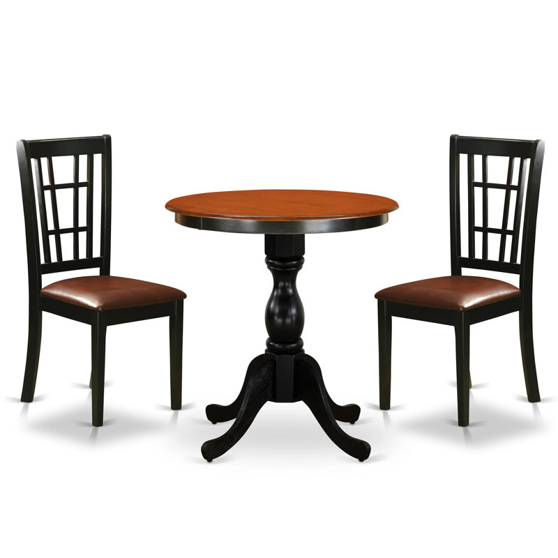 Ensemble de table de cuisine 3 pièces pour petits espaces comprenant une table de salle à manger ronde avec piédestal et 2 chaises en similicuir, noir et cerise