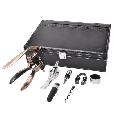 Wine Opener Set, 7 Pcs Premium Wine Bottle Corkscrew All-In-One Sets with Wine Stopper, Pourer, Foil Cutter, Extra Screw In Deluxe Leather Gift Box