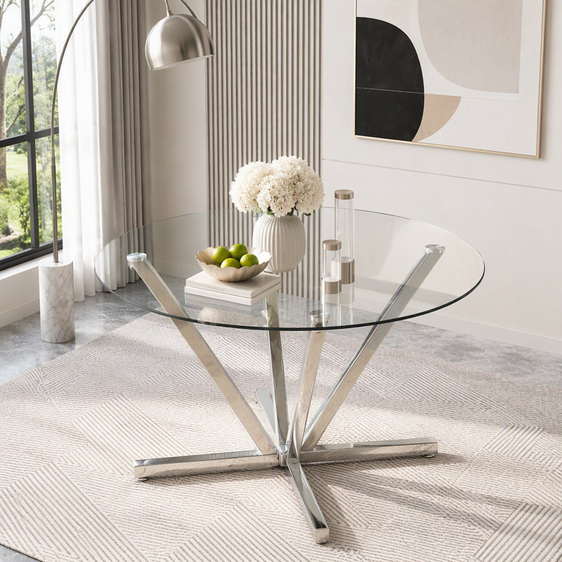 Table de salle à manger ronde en verre trempé 45,27 pouces, Silver+Transparent