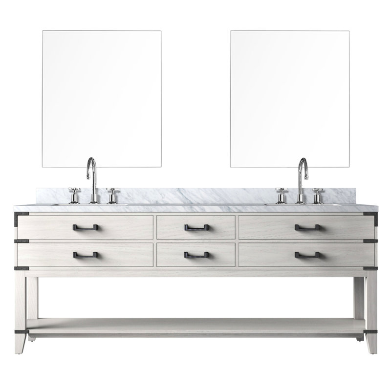 84 po L 22 po D Meuble-lavabo double en chêne blanc avec plateau en marbre, robinet, miroirs 36 po, D 84 po et 22 po, chêne, robinet et miroir