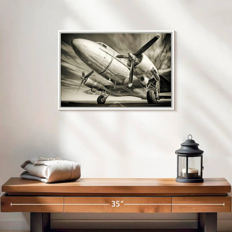 Avion rétro monochrome, Cadre flottant blanc, 19 po x 13 po
