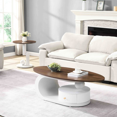 2 - Piece Coffee Table Oval Center And Round Side Tables, Natural Wood Look , Strong Stable Construction With Storage Antique Brown White, Easy To Assemble, Frame