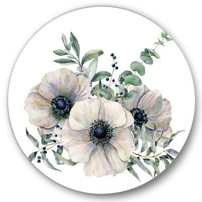 Bouquet d'anémones blanches avec feuilles d'eucalyptus - Cercle traditionnel en métal