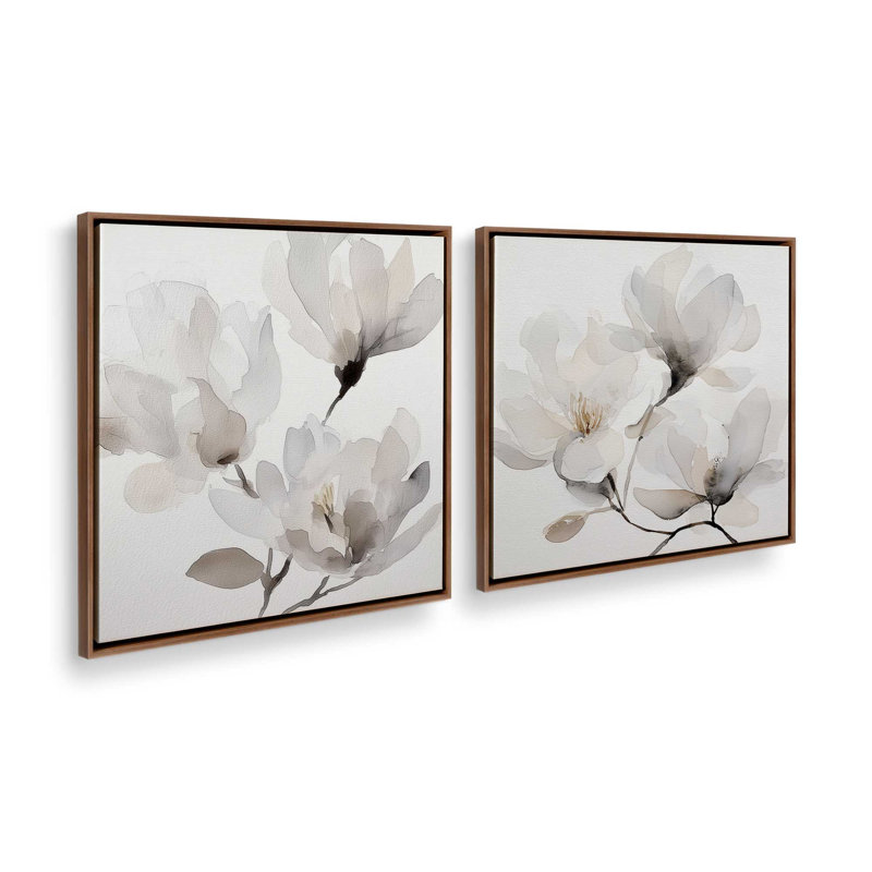Ensemble de 2 impressions murales Whispered Magnolia, Cadre flottant en noyer, 12 po x 12 po
