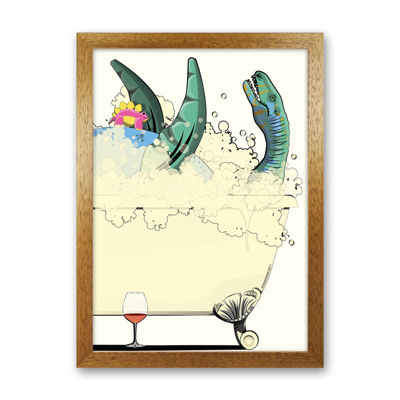 Swimming Dino - Print, 60cm H x 42cm W x 3cm D, Oak Framed