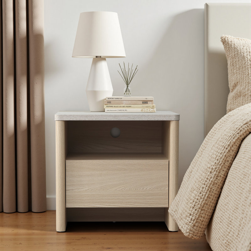 19.7" H Modern Nightstand with Faux Travertine Top and Open Shelf, 1