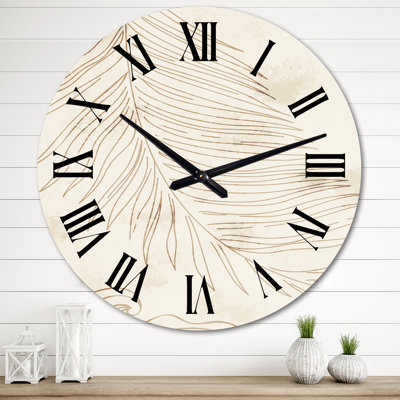 Oversized Beige Leaves Line Minimalist Botanical I Wall Clock
