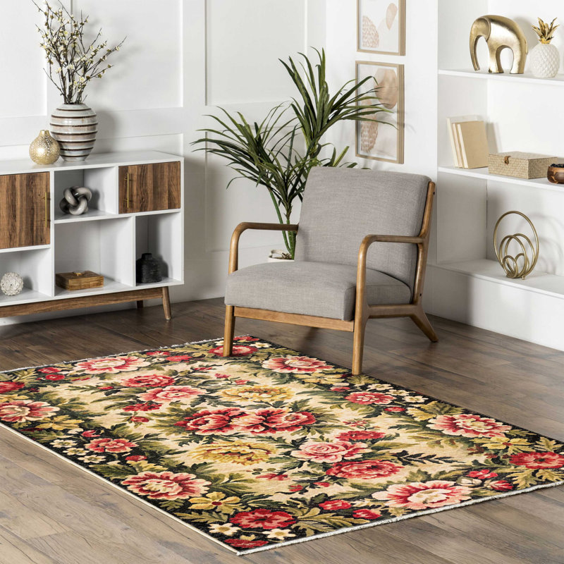 Tapis en chenille de coton à motif floral rose, vert, noir et rétro, Tapis de couloir 4 pi x 9 pi 11 po