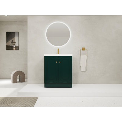 Meuble-lavabo de salle de bain moderne foncé 30 po avec lavabo en résine blanche et portes à fermeture douce