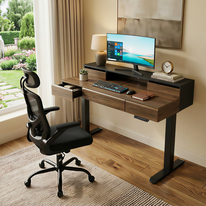 Electric Height-adjustable Desk & Chair Set, 5-drawer Height-adjustable Desk & Ergonomic Office Chair, Black/Brown