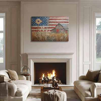 Rustic Farm Barn American Flag 30" x 20" Canvas Wall Art Countryside Wall Decor Juneteenth