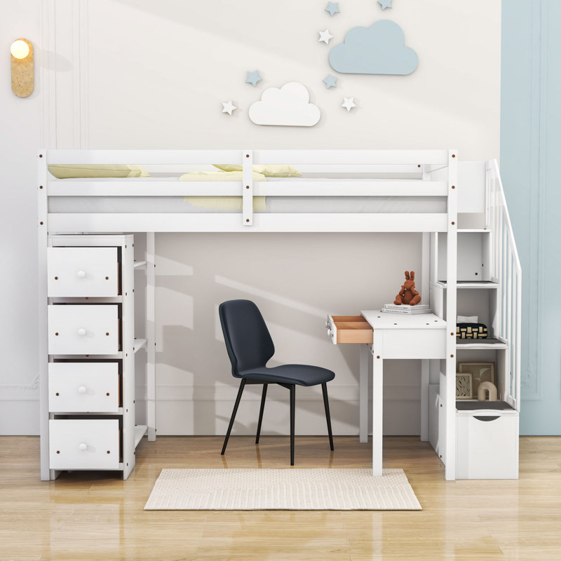 Hazbije Twin 6 Drawer Loft Bunk Bed with Built-in-Desk, White