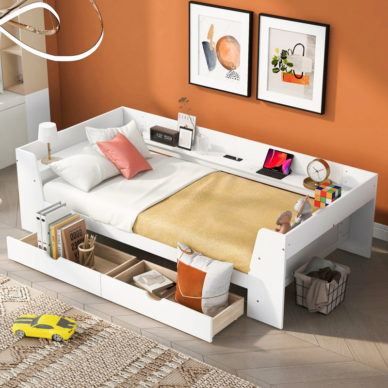 Lit de jour simple avec tablettes, tiroirs et station de charge intégrée, Blanc