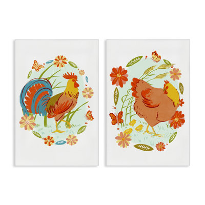 Ensemble de 2 pièces coq et poule avec fleurs, design par Hannah Moren