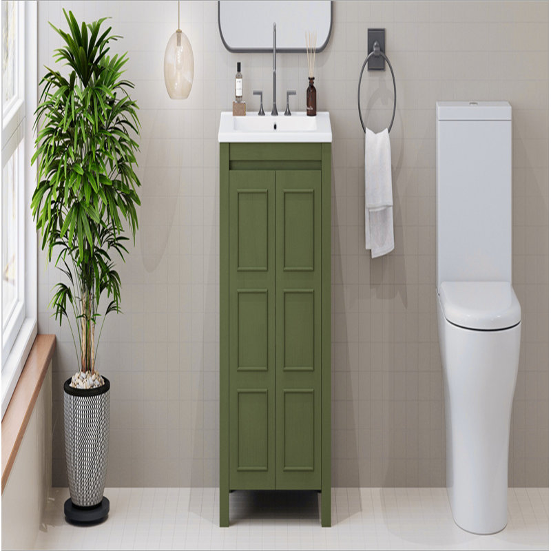 Petit meuble-lavabo de style vintage 24 po avec lavabo en céramique, 2 portes à fermeture douce, tablette réglable