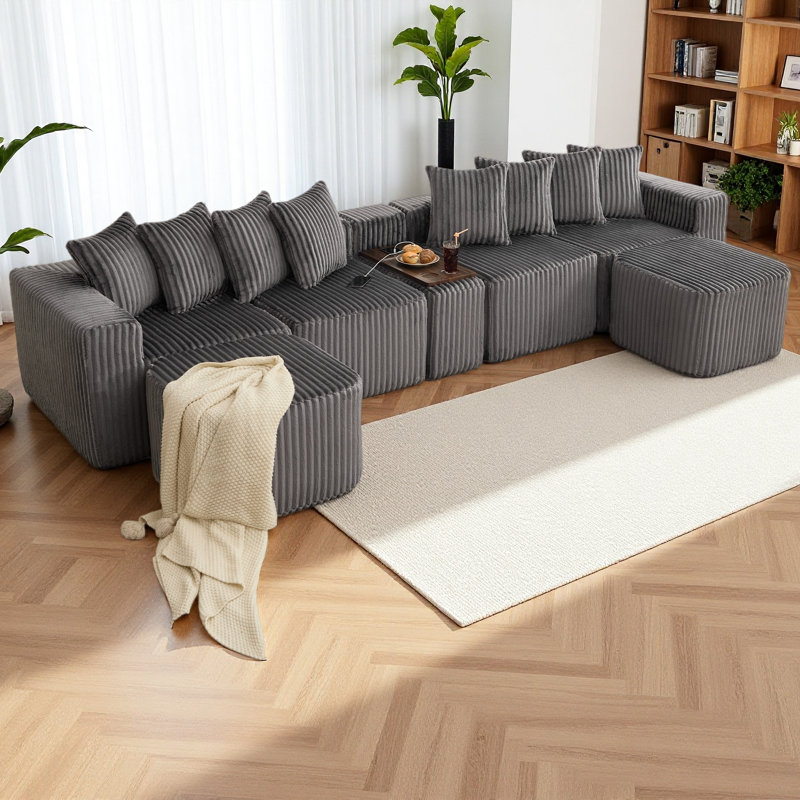 137.5" U Shaped Sofa , USB & Wireless Charge, Coffee Table Board With A Cup Holder, Oversize Movable Modular Sofa,Movable Footstool