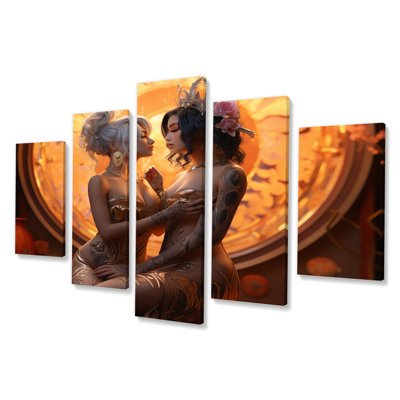 Divine Love Sensual Goddess Couple Kissing III - Couple, reproduction d'art murale - 5 panneaux