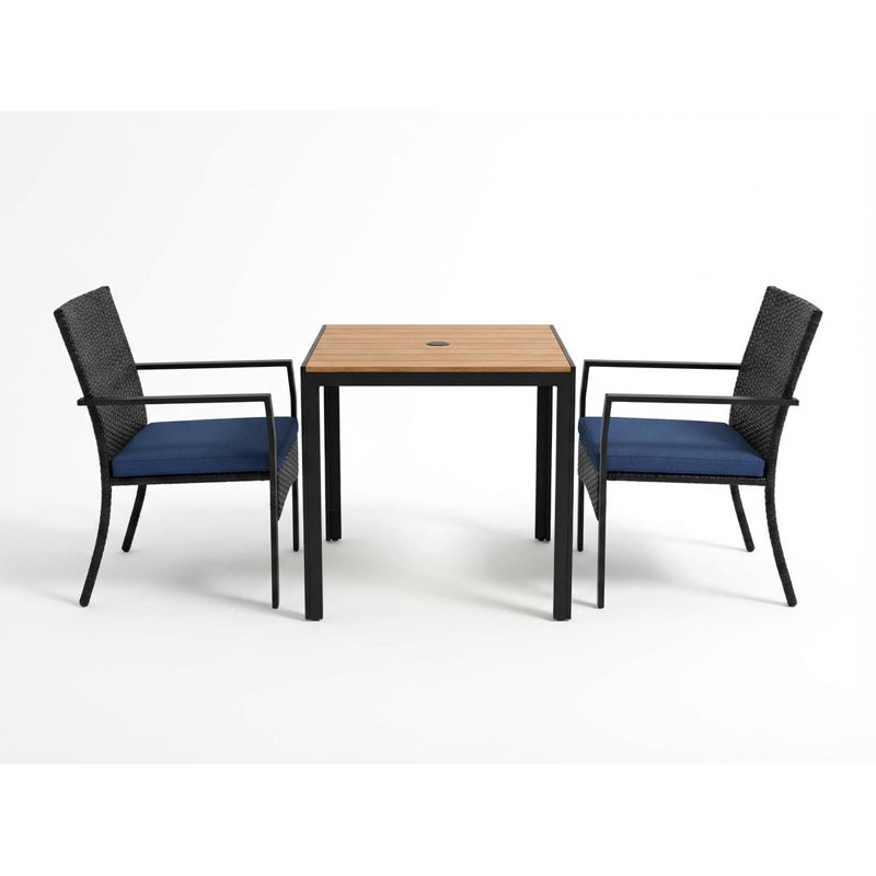 Ensemble de salle à manger d'extérieur 3 pièces, table en osier avec 2 chaises, trou pour parasol et coussins moelleux, mobilier de jardin pour terrasse, jardin, bord de piscine - Noir et bleu