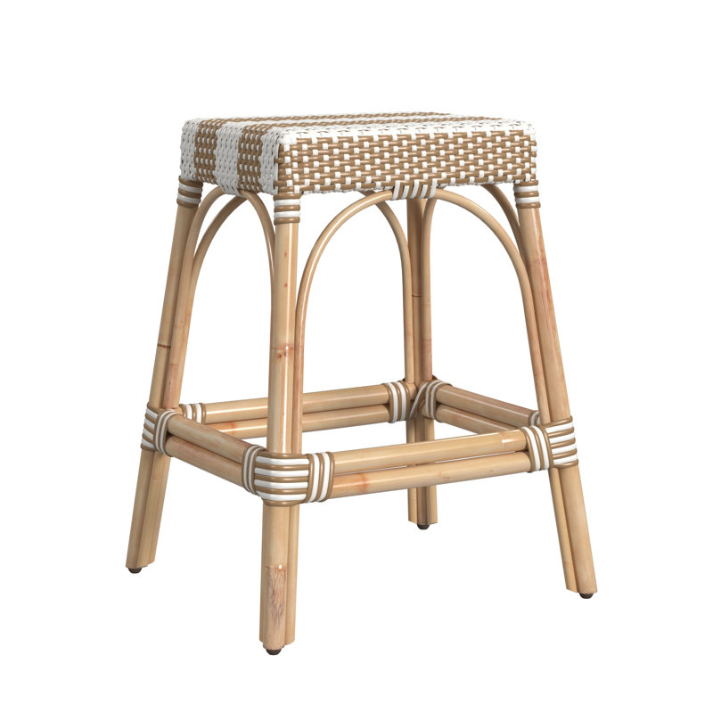 Tabouret de comptoir / de bar Lennart, Cadre brun clair / rayure blanche / rotin naturel