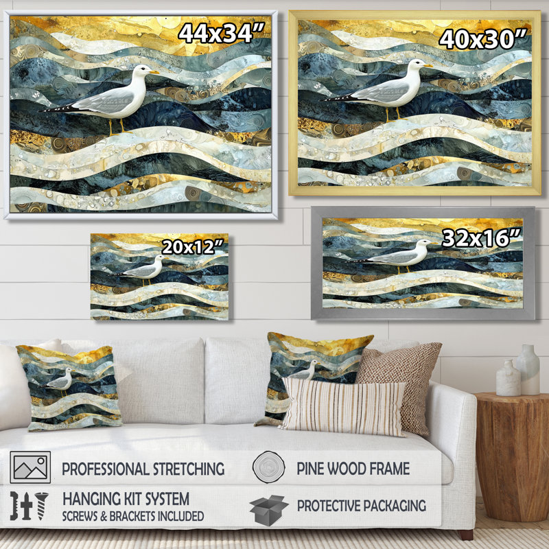 Marbre, mouette, vol de la côte II, impression sur toile encadrée, H 34 po x l 44 po, Doré