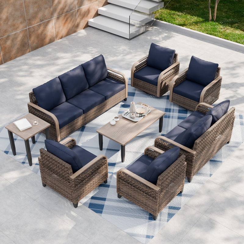 Wicker 9 - Person Modular Patio Conversation Set with Cushions, Blue