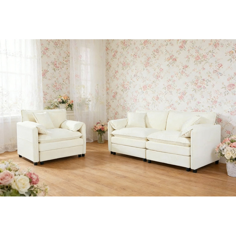 2 - Piece Living Room Set, Loveseat Couch & Sofa Armchair Set, Chenille Upholstered Couches Set With 3 Pillows, Beige