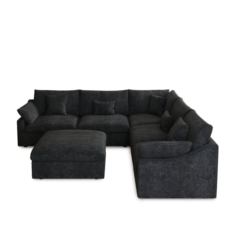 6 - Piece Slipcovered Sectional With Ottoman, Dark Charcoal Linen Blend