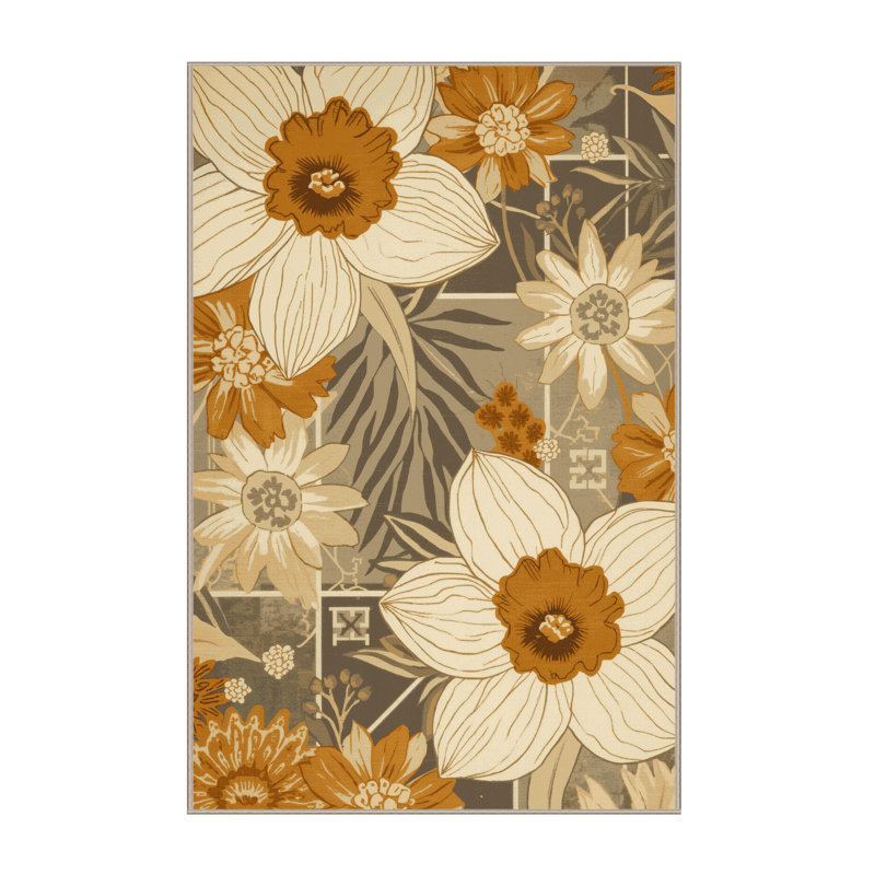 Machine Washable Paesyn Daffodil Preppy Floral Rug in Beige – Beige Binding, 6x9