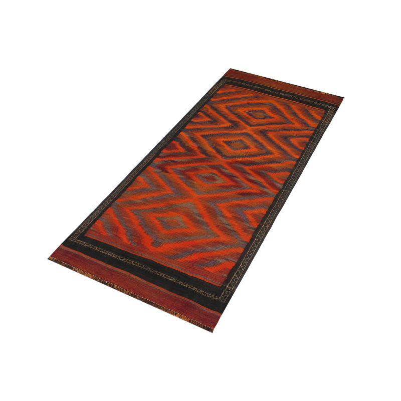 Tapis rouge / orange en laine noué à la main à motif géométrique 4 pi 1 po x 10 pi 1 po Bahos