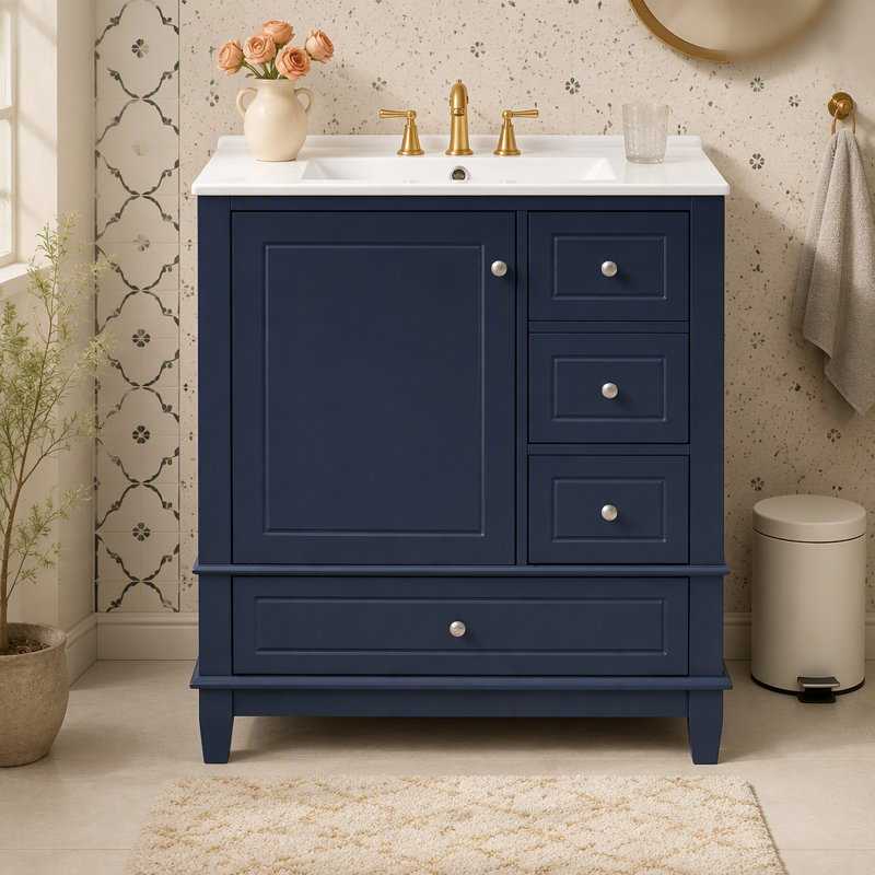 Meuble-lavabo 30 po avec lavabo, une porte avec tablette et trois tiroirs, porte à fermeture douce, porte gauche, Blue
