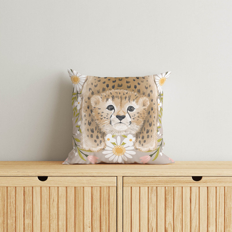 Lil Lying Leopard Flowers Taupe Throw Pillow, 26" H x 26" W