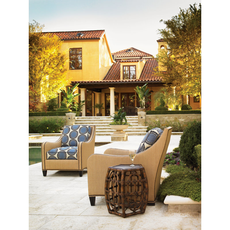 Transitional Brown Round Rattan and Leather 19'' Accent Table