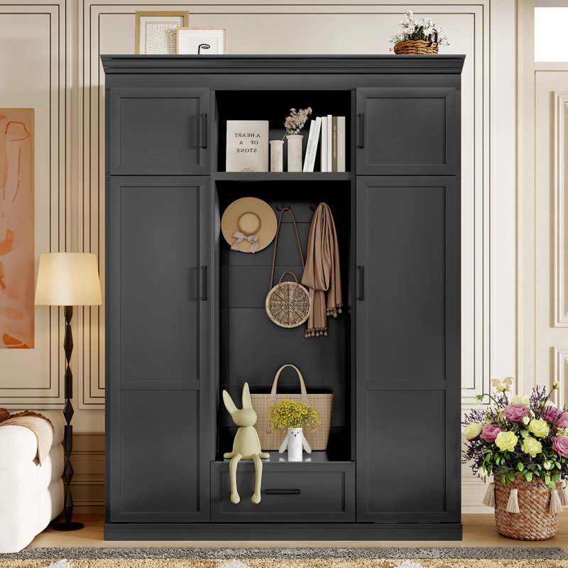 Spacious Hall Tree with Bench, Cubbies & Customizable Shelves, Black
