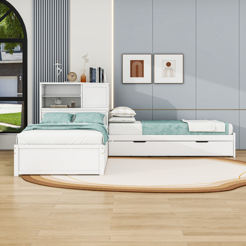Lit plateforme simple en L avec lit gigogne simple et tiroirs de rangement, tablettes, Blanc
