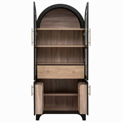 71" Tall Arched Kitchen Pantry Cabinet With Door Shelves, Farmhouse Kitchen Storage Cabinet With Open & Adjustable Shelves, Hidden Drawer & Glass Door, Cupboard For Kitchen, Dining Room