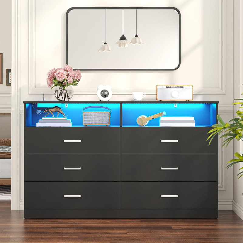 6 Drawer Dresser with Power Outlet, Dresser with LED Light, Modern Chest of Drawers with Open Storage Cubbies for Closet, Double Wide Drawer Organizer Cabinet for Bedroom, Living Room