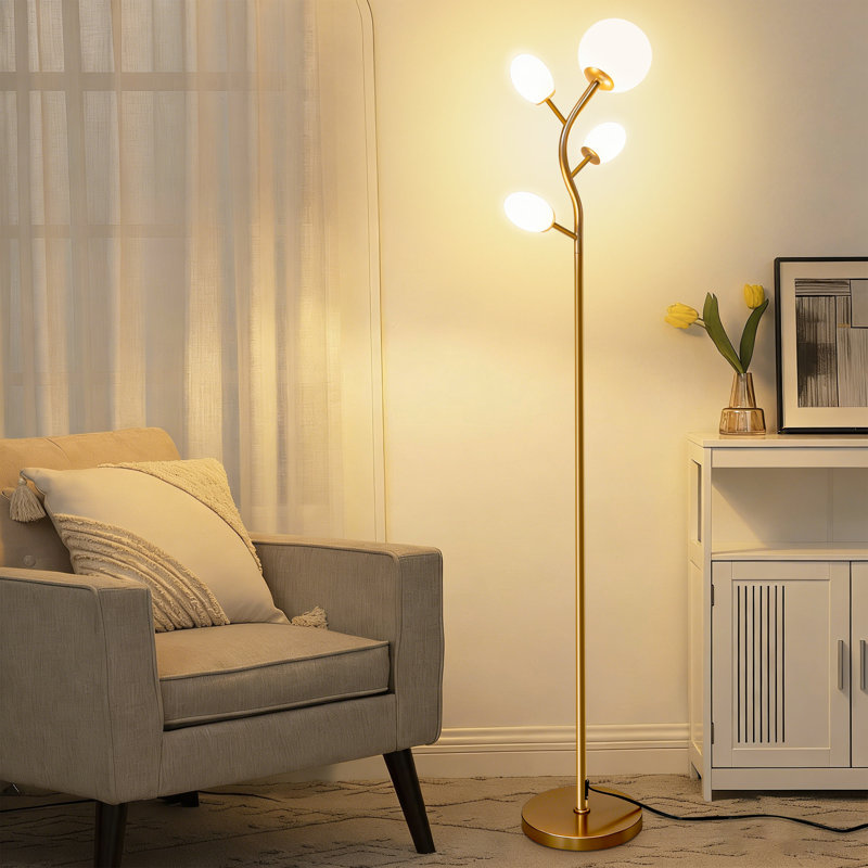 Modern Tree Floor Lamp With 4 Light Bulbs , Black Standing Lamp With Frosted Glass Shade For Living Room & Bedroom, Gold