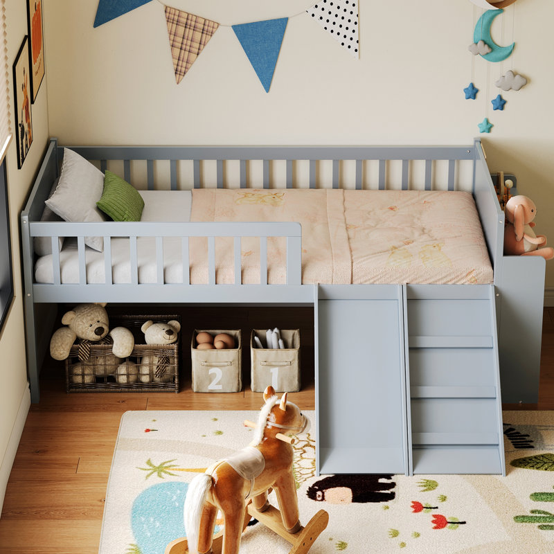 Bed Frame With Storage Shelf, Wooden Bed With Slide And Ladder, Guardrail, Gray