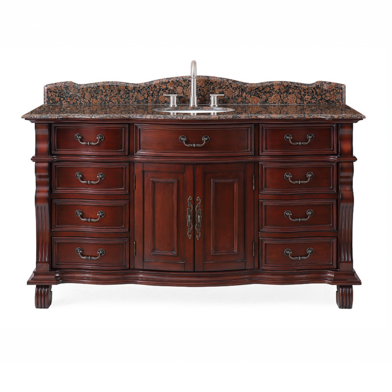 Meuble-lavabo de salle de bain en cerisier de style antique 60 po avec plateau brun baltique Benton Collection, Marbre brun