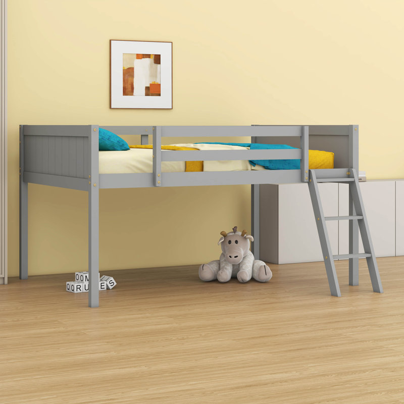 Full Size Wood Low Loft Bed With Ladder And Safety Guardrails, Gray