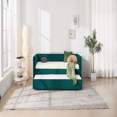 Twin Size Upholstered Daybed with Trundle, USB Port, Side Pockets, and Modern V-Grained Backrest Design, No Box Spring Needed