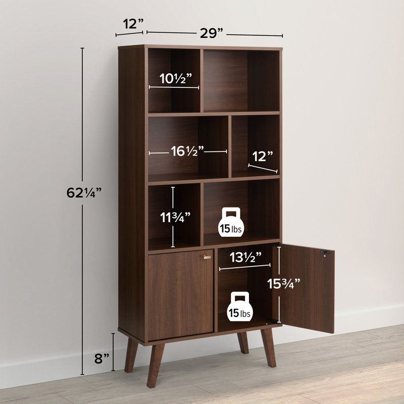 Breux Guthmar Mid-Century Modern Bookcase With Six Shelves And Two Doors, Cherry