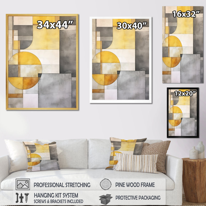 «Yellow and Gray Intersecting Realities I - Abstract Shapes», art mural encadré, Cadre simple noir