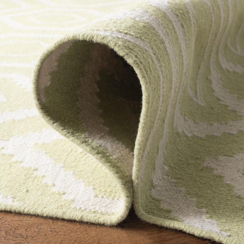 Tapis ivoire / vert en laine et coton tissé à la main Dhurries, Tapis de couloir 2 pi 6 po x 12 pi