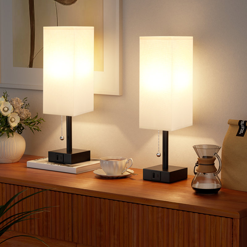 Lampes de chevet à contrôle par chaîne 14,3 po avec port de charge USB, Blanc
