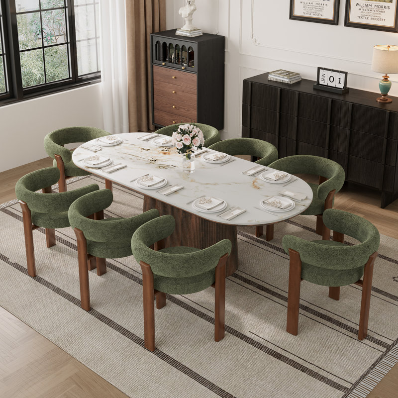 Table de salle à manger ovale Adwin pour 8 personnes (86,61 po) en pierre frittée avec pieds et chaises rembourrées Teddy