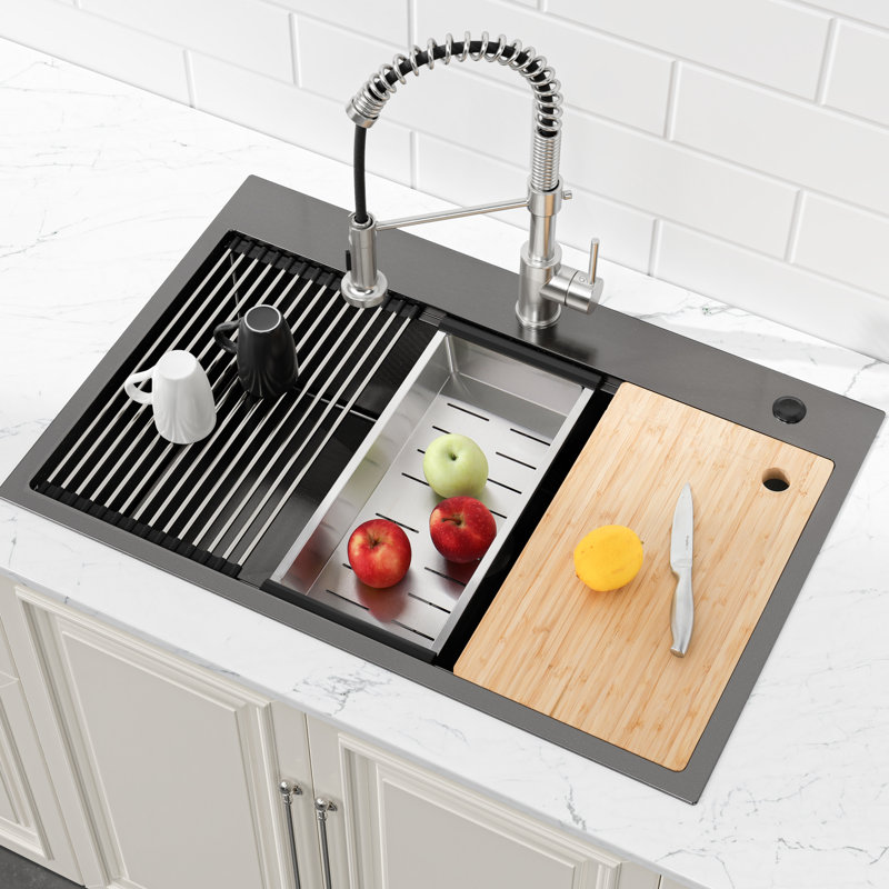 304 Stainless Steel Kitchen Sink 30"X22" Black With Colander And Drain - , Convenient, For Easy Food Preparation Roll-Out Basket Drainage Grooves Space, Ensures Drainage, Functional